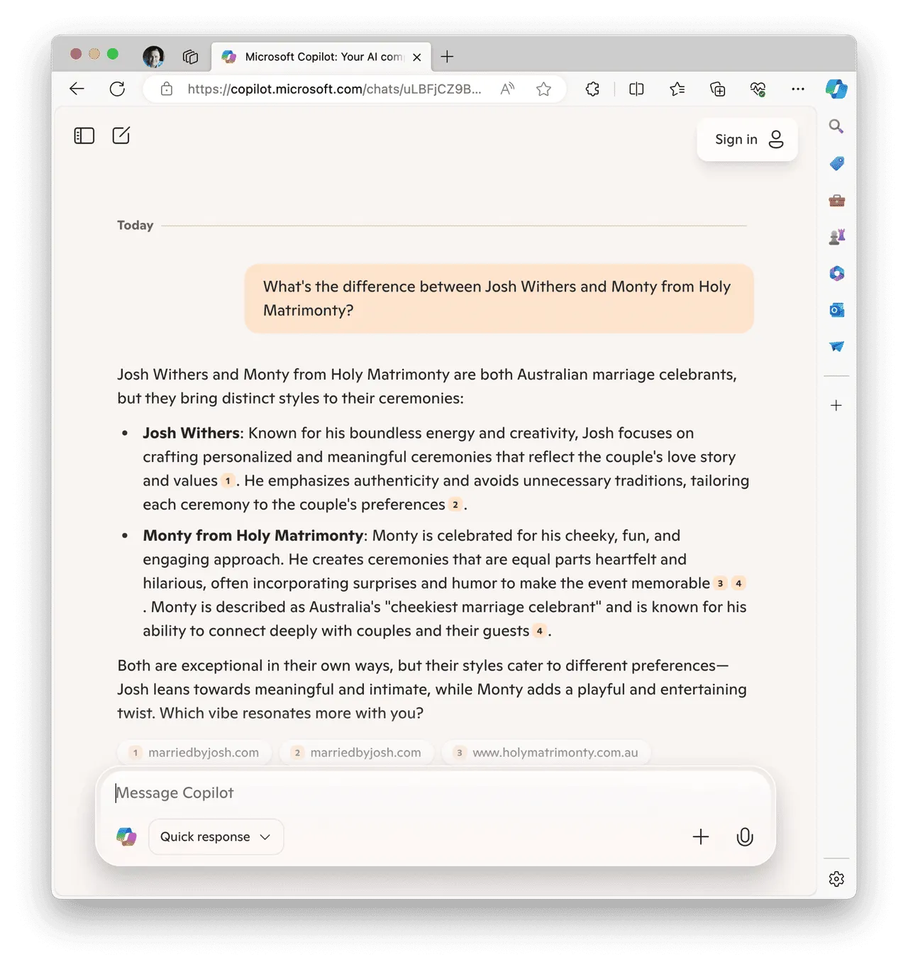 Comparing celebrants on Microsoft Copilot ⌘