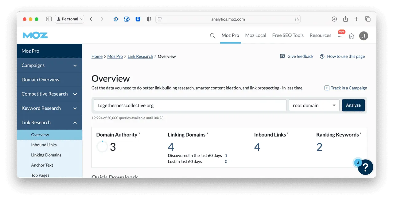 DA report from Moz ⌘
