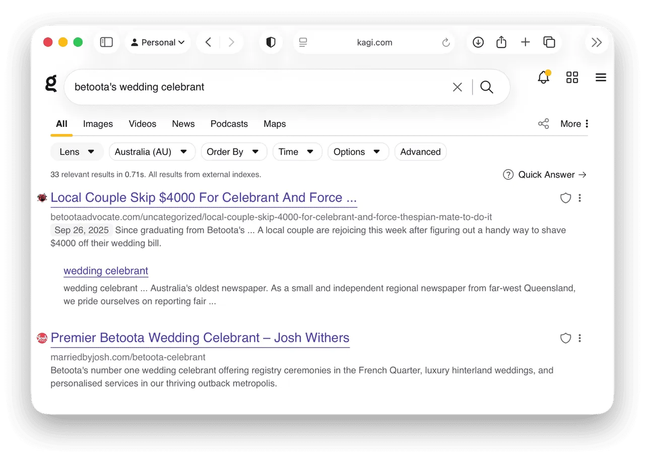 Kagi’s betoota wedding celebrant results ⌘