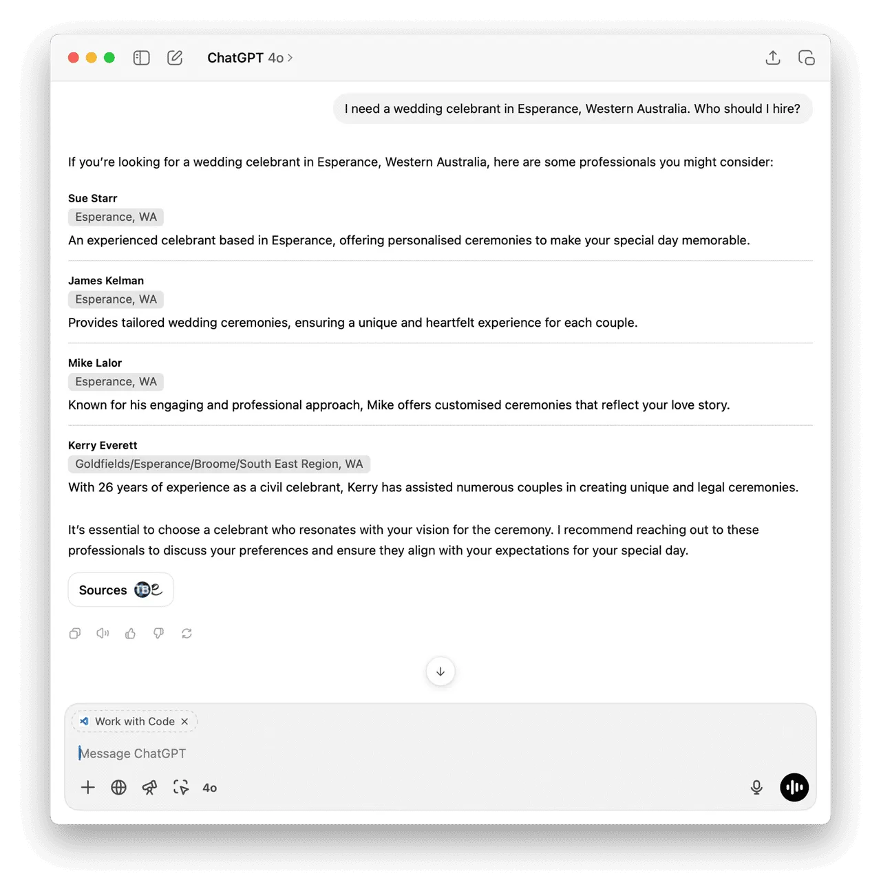 Screenshot of ChatGPT searching for a wedding celebrant in Esperance ⌘
