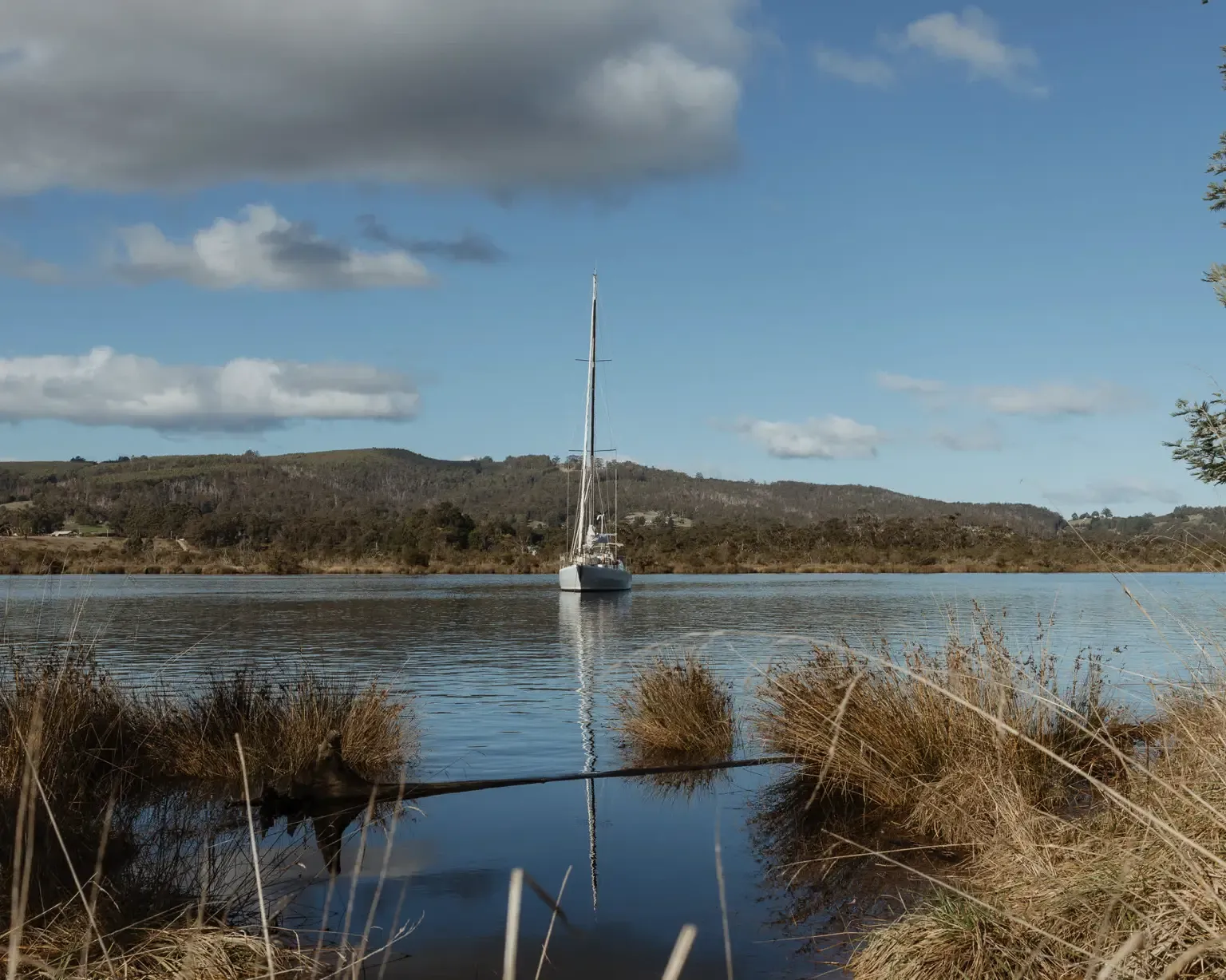 A yacht on the Huon River in front of Boat Reflections in Franklin, Tasmania
