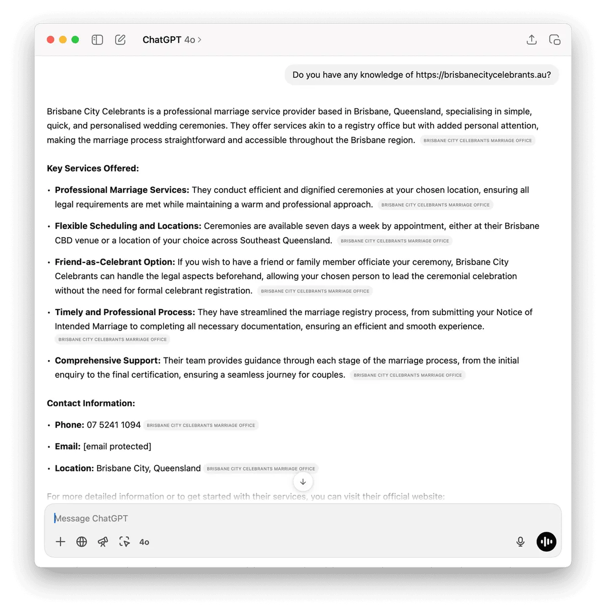 Screenshot of ChatGPT results of the new website ⌘