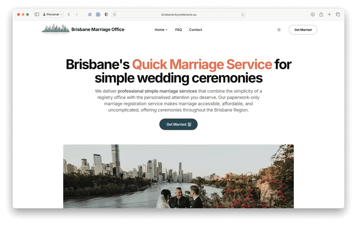 Screenshot of the deployed website to BrisbaneCityCelebrants.au ⌘