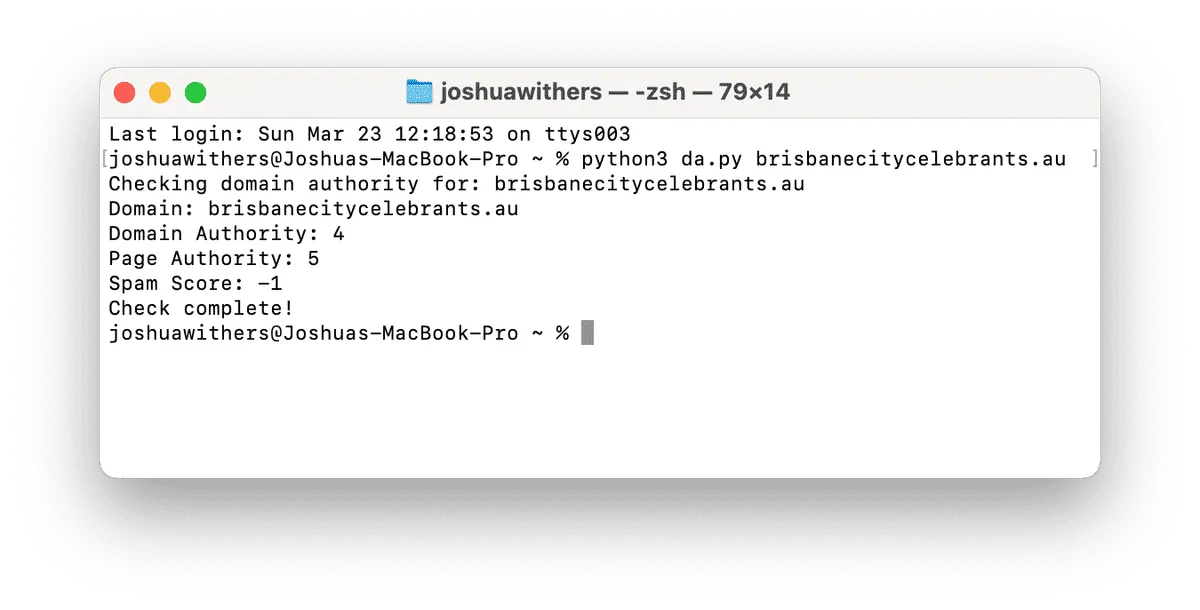 Domain authority of BrisbaneCityCelebrants.au on 23 March 2025 ⌘