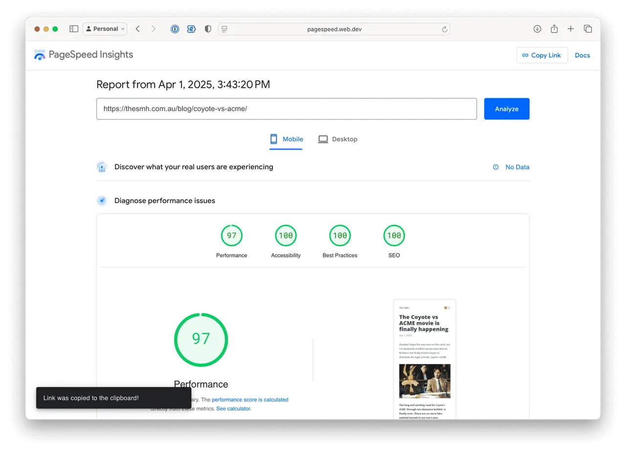 PageSpeed Insights results for this blog