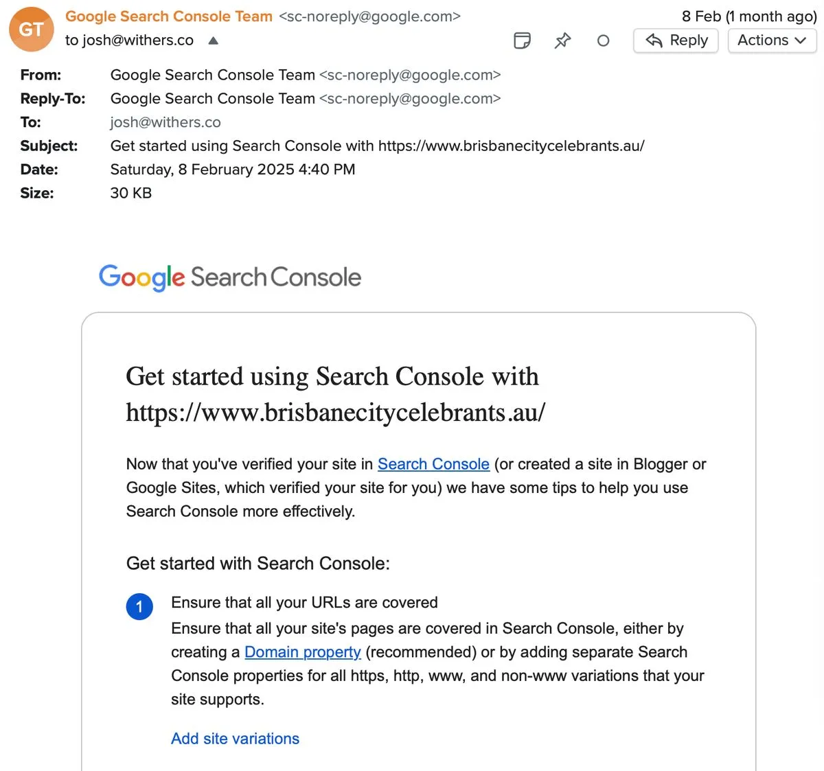 Screenshot of Google Search Console confirming the site was added on February 8, 2025 ⌘