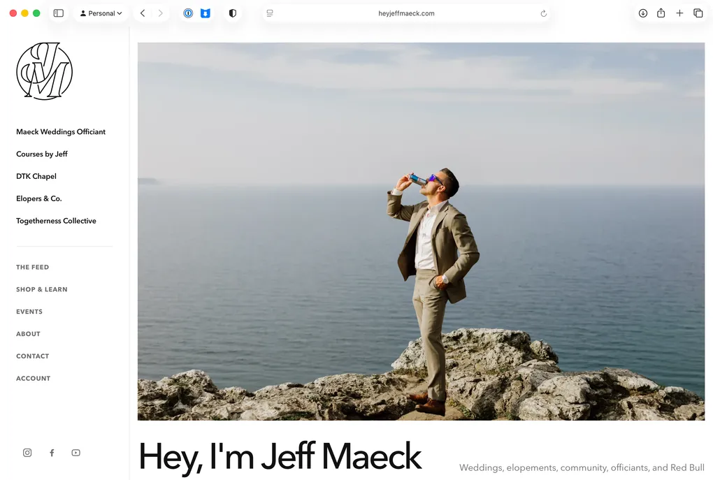 The Hey Jeff Maeck homepage showing Jeff drinking a Red Bull on a coastal cliff beside navigation for his brands and work