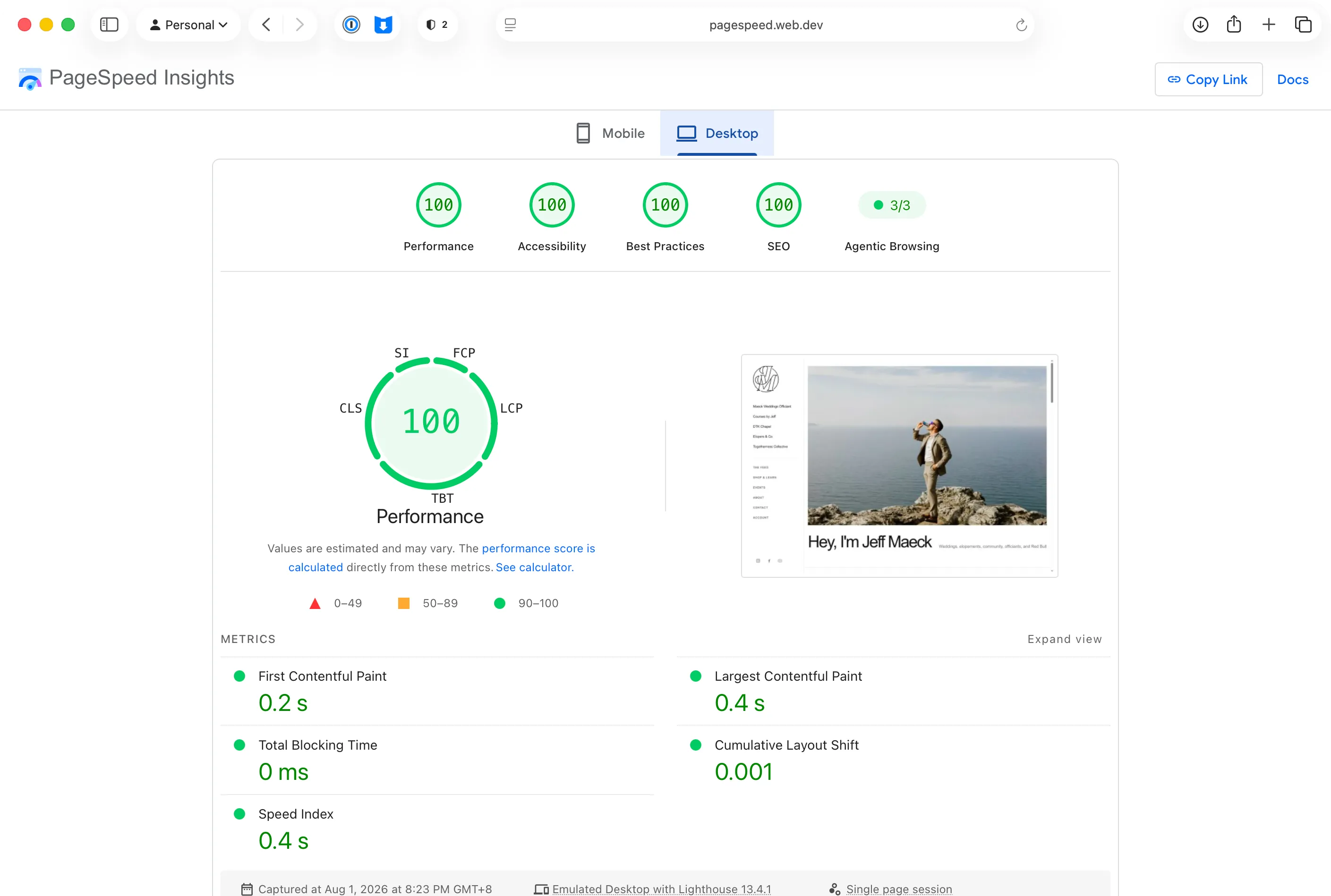 PageSpeed Insights desktop report for heyjeffmaeck.com showing 100 for performance, accessibility, best practices and SEO, plus 3 out of 3 for agentic browsing