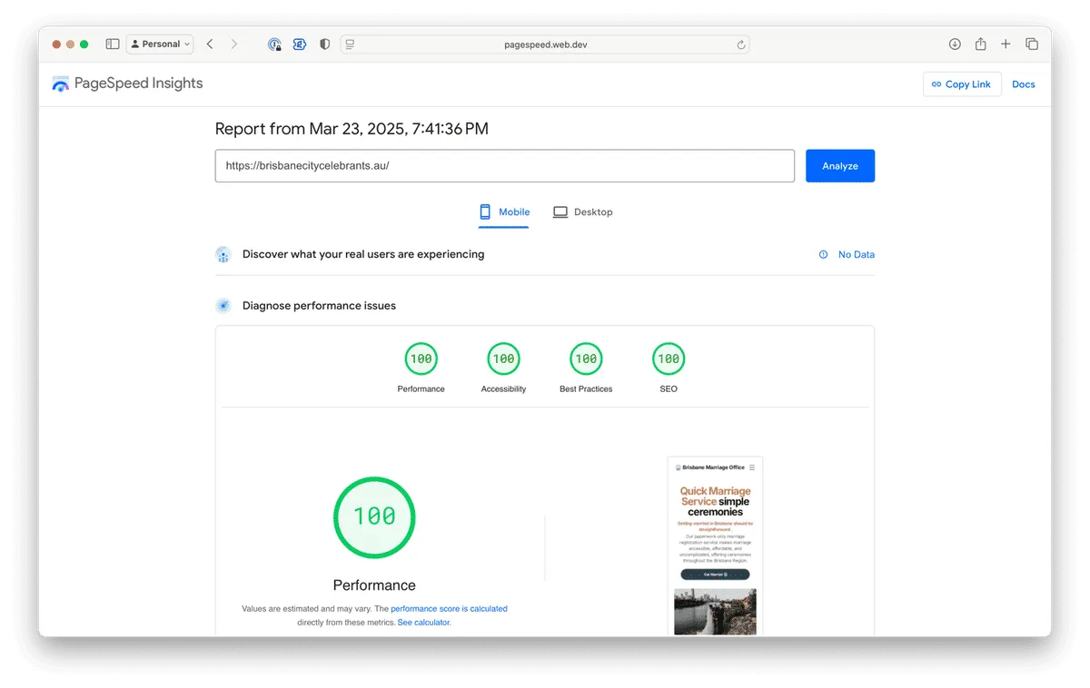 Screenshot of the Google Page Speed results ⌘