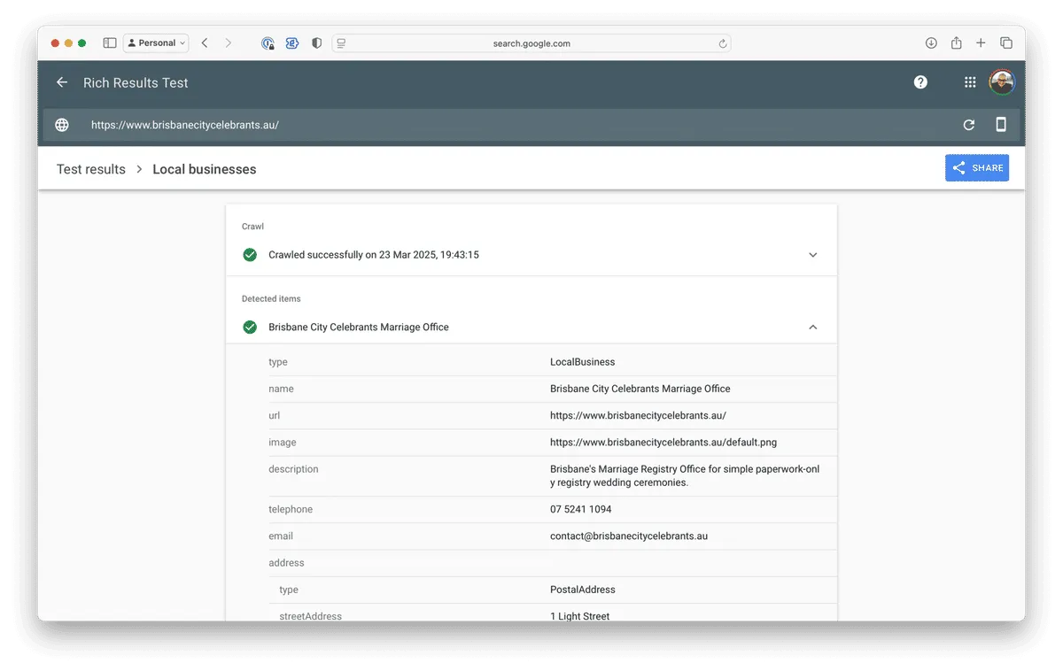 Screenshot of the Google Rich Results page ⌘