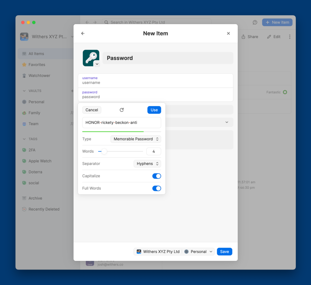 Generating a unique password using 1Password