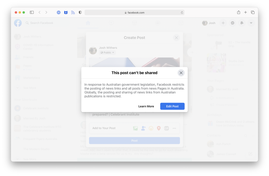 Celebrant banned from Facebook