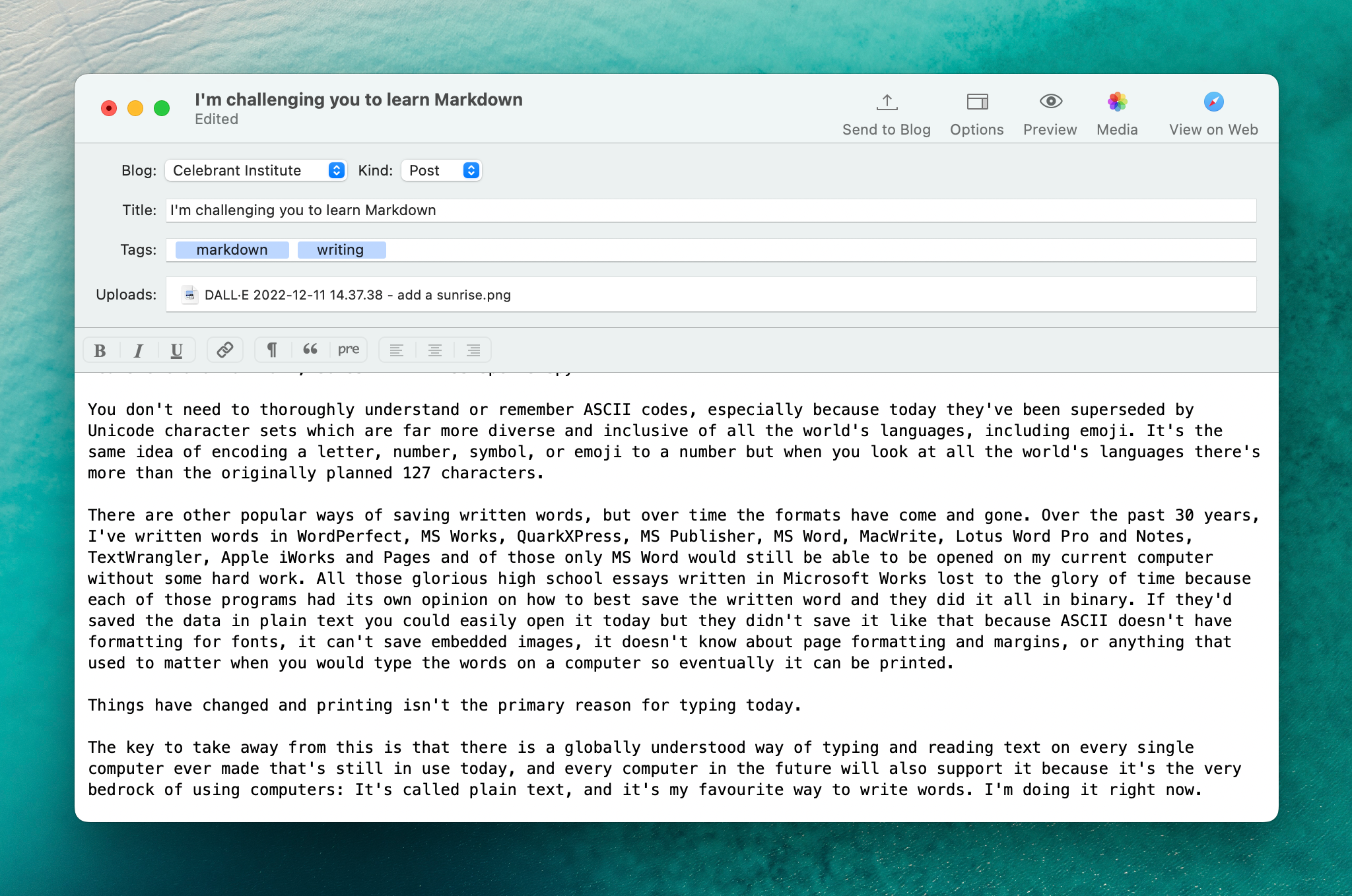 Screenshot of writing an article in plain text