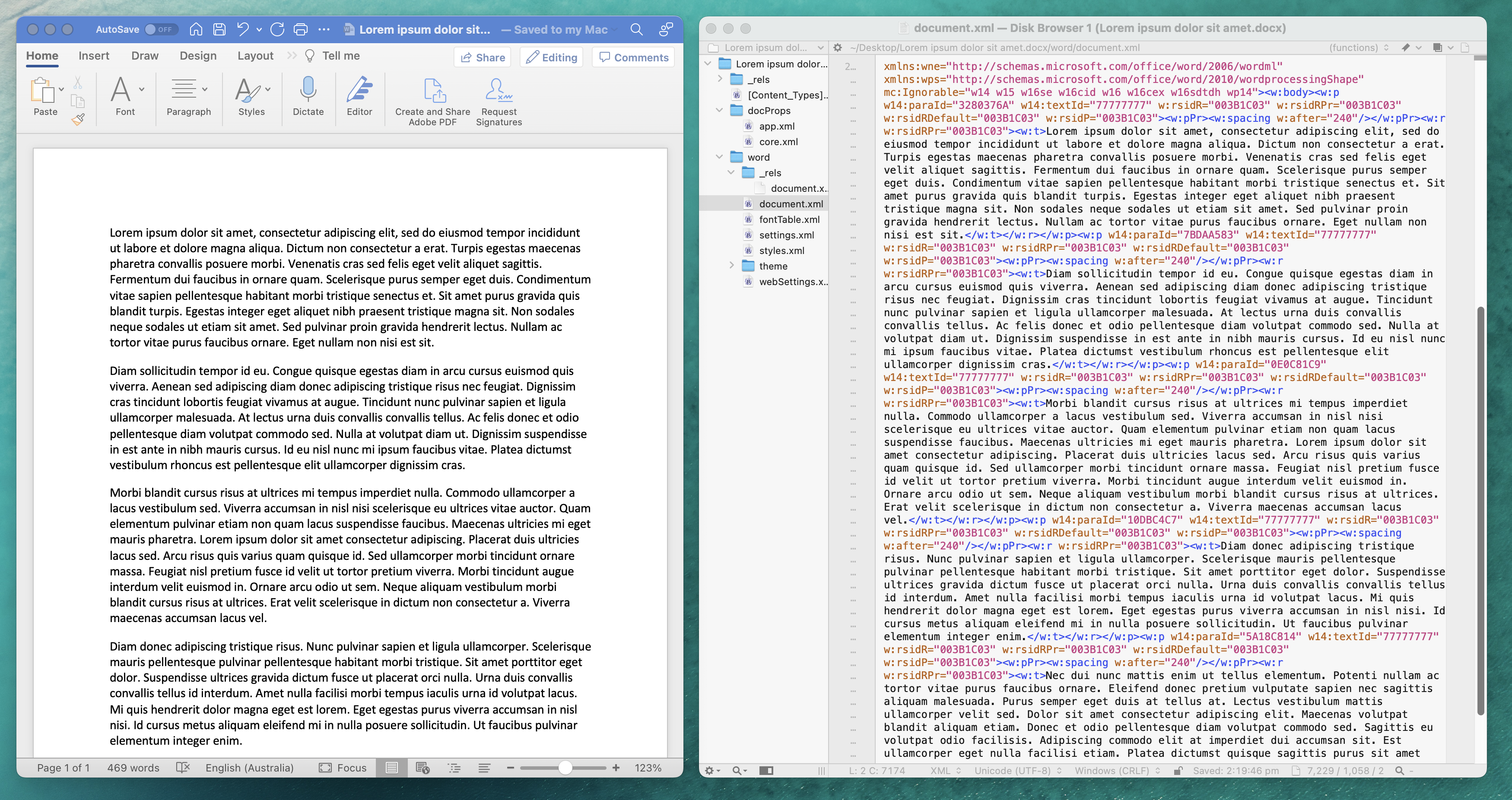Screenshot of text written in Microsoft Word opened in BBEdit.